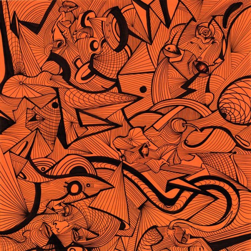 Abstract lines composition. Black ink on orange coloured paper