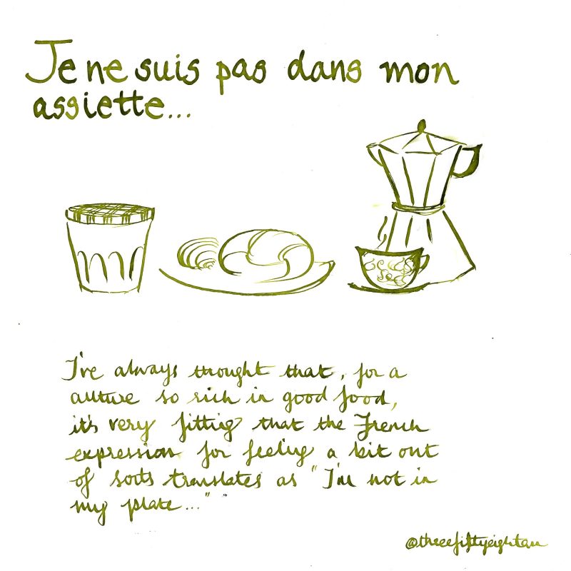 A green ink drawing of breakfast, with a caption 'Je ne suis pas dans mon assiette'