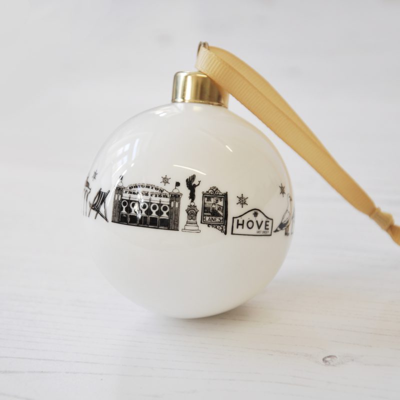 White Christmas Bauble with black graphics of Brighton 