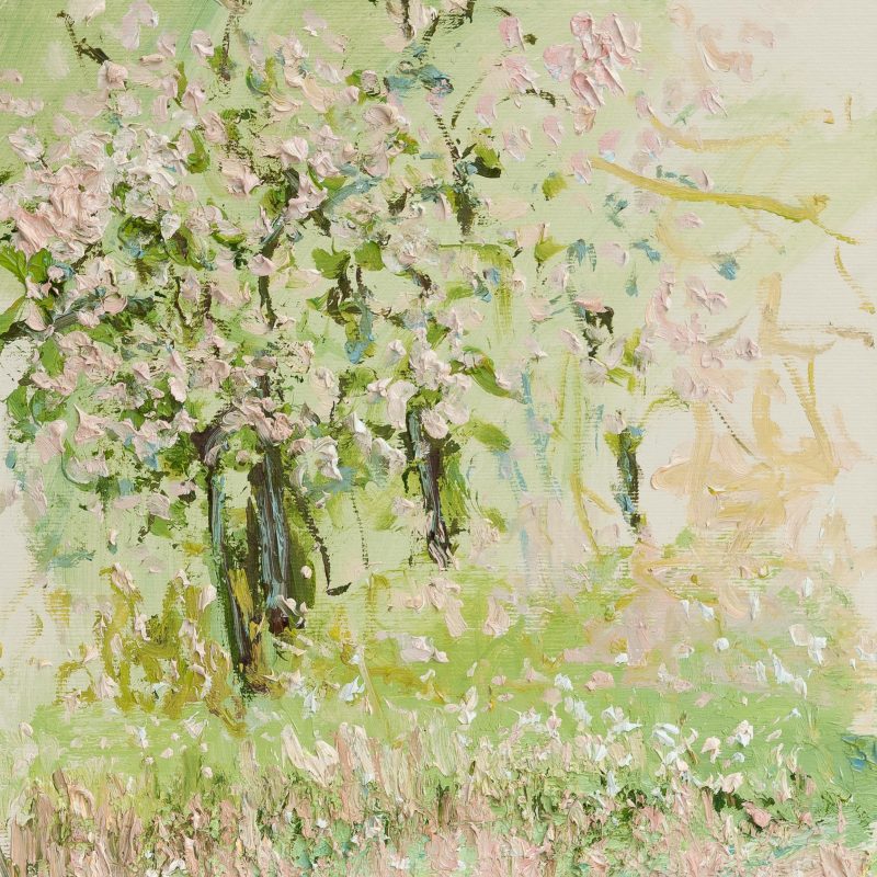 Contemporary painting of trees and flowers inspired by the South Downs