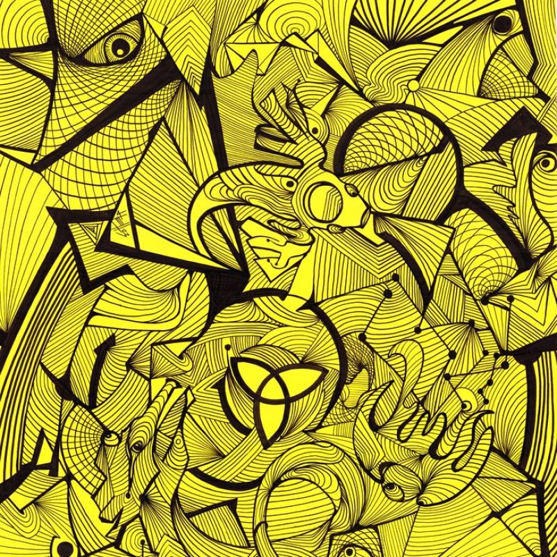 Abstract lines composition. Black ink on yellow coloured paper