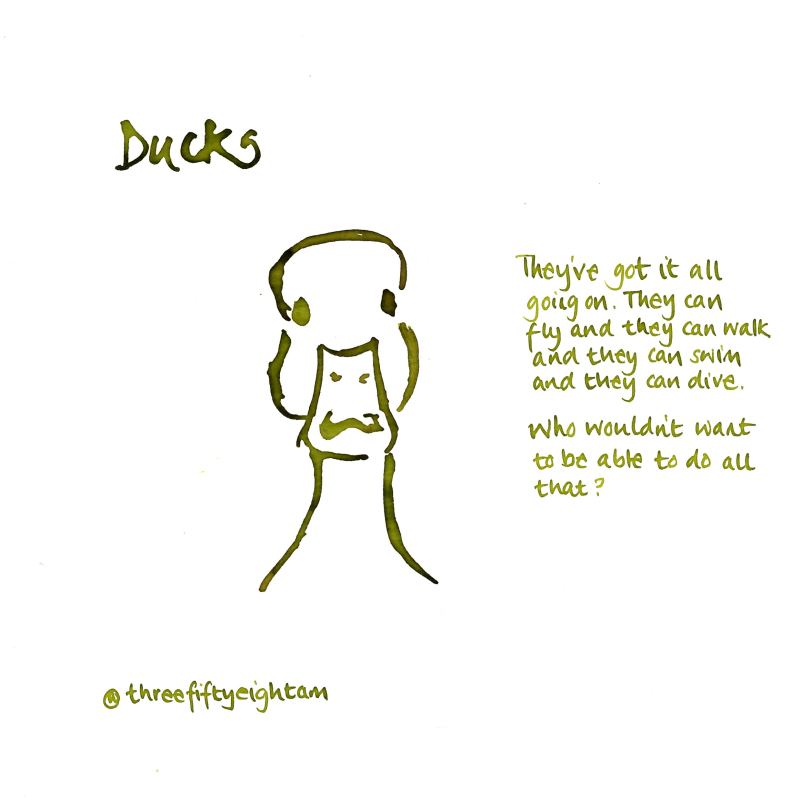 A green pen and ink drawing of a duck with a caption