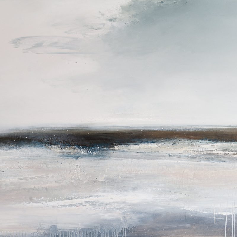 Contemporary land/sea painting with open space sky and drips in the foreground