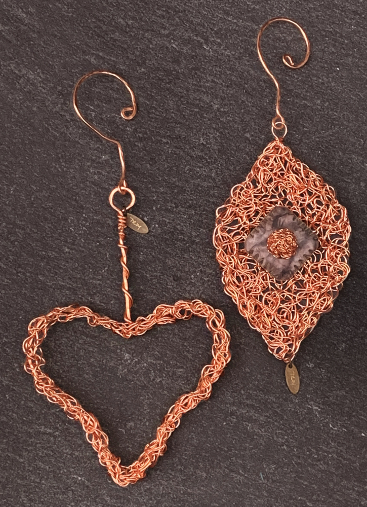 Intricate Hand Crochet Copper Baubles and Heart Hangings