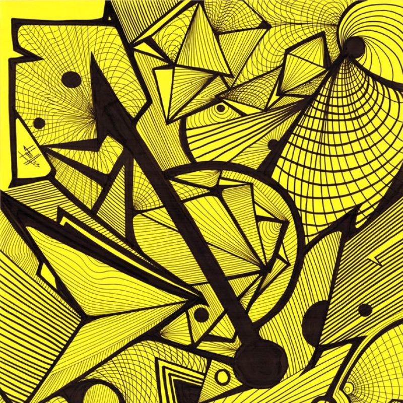 Abstract lines composition. Black ink on yellow coloured paper