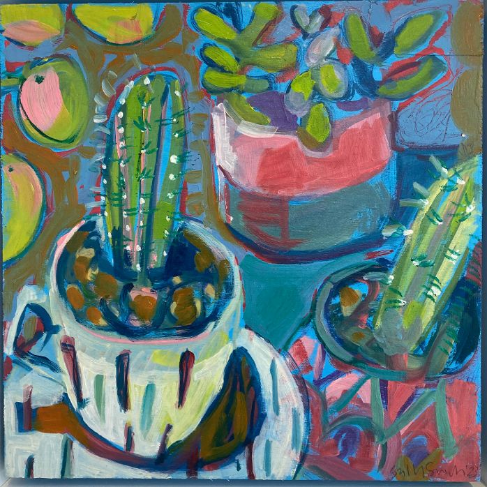 A vibrant painting in oil on board depicting a selection of cacti in a variety of pots