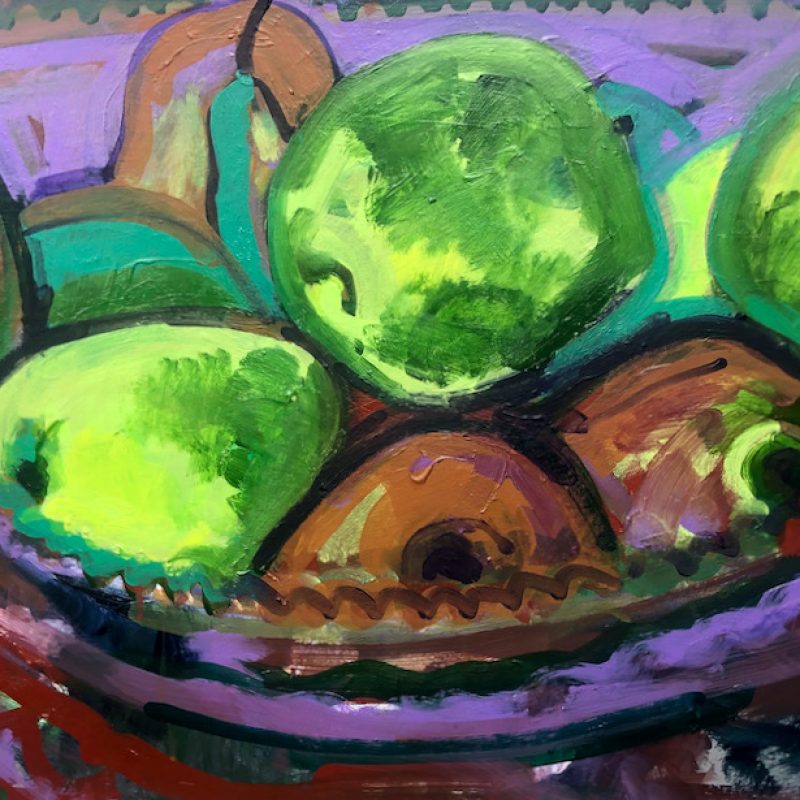 Still life, acid green apples and brown pears in a fruit bowl.