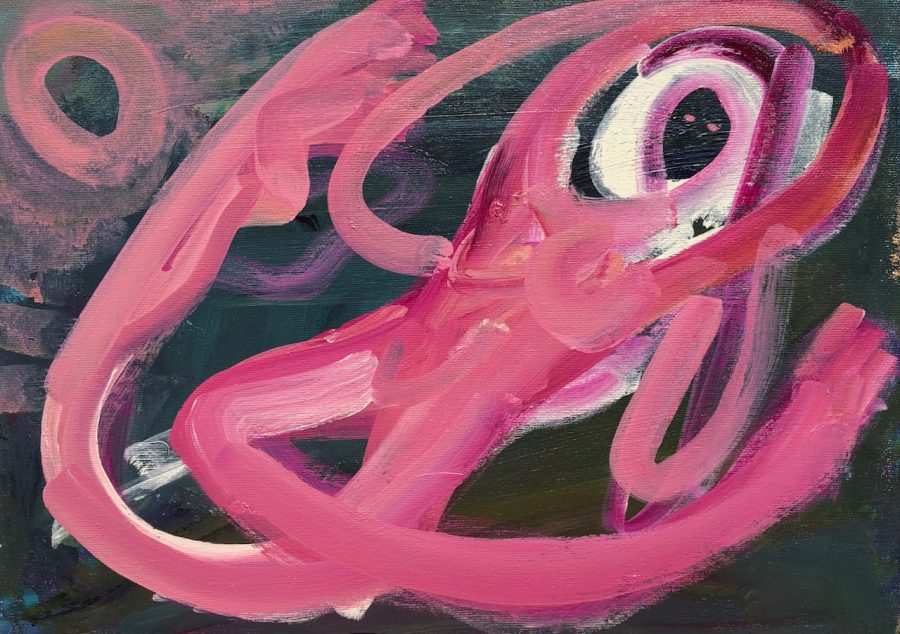 A pink, moonstruck figure floating on a dark background. Acrylic on canvas