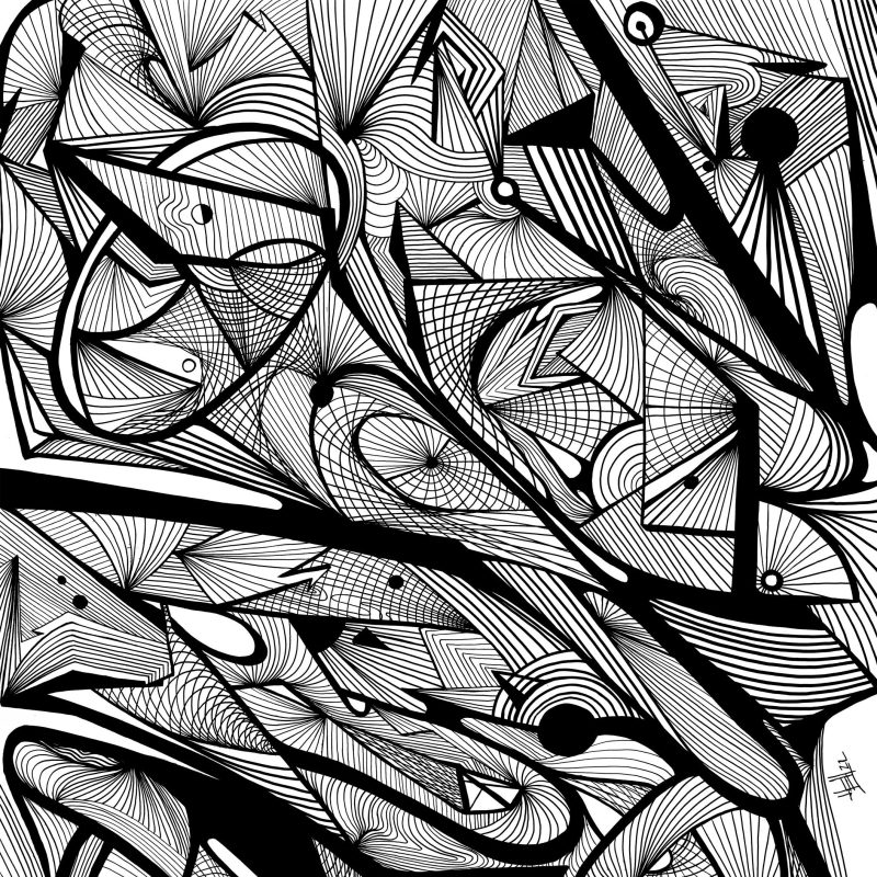 Abstract lines composition. Black ink on white paper