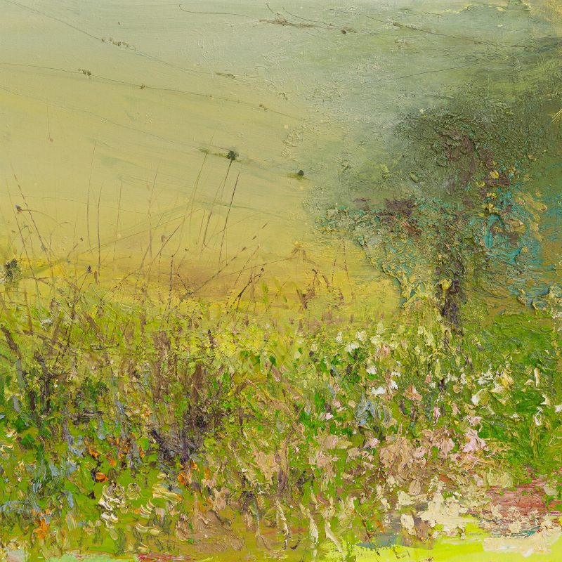 Contemporary painting of trees and flowers inspired by the South Downs