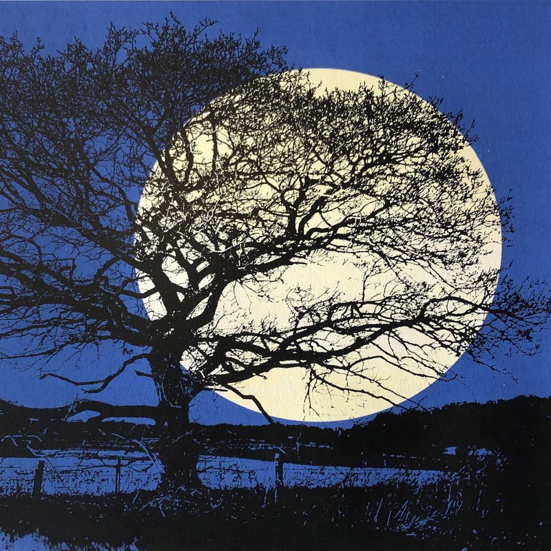 Silkcreen print of tree silhouetted by the moon