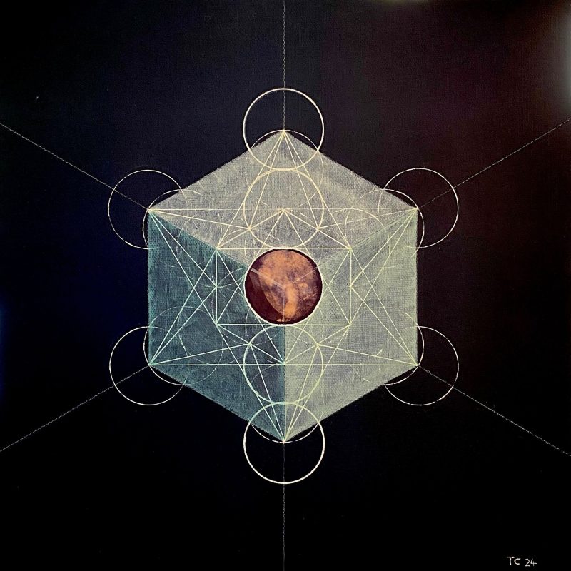 Sacred geometry cube drawing white acrylic pen on black acrylic canvas with collage