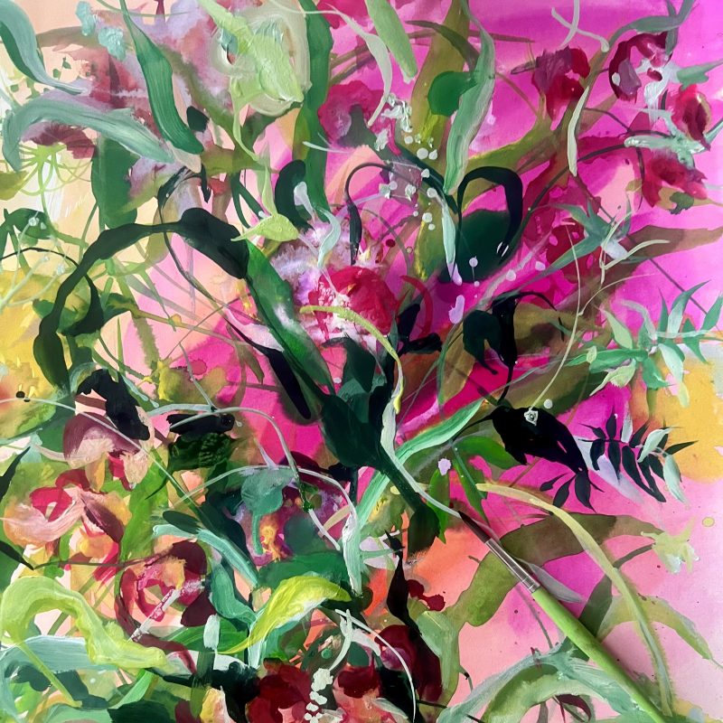 Floral watercolour in pinks and greens on paper