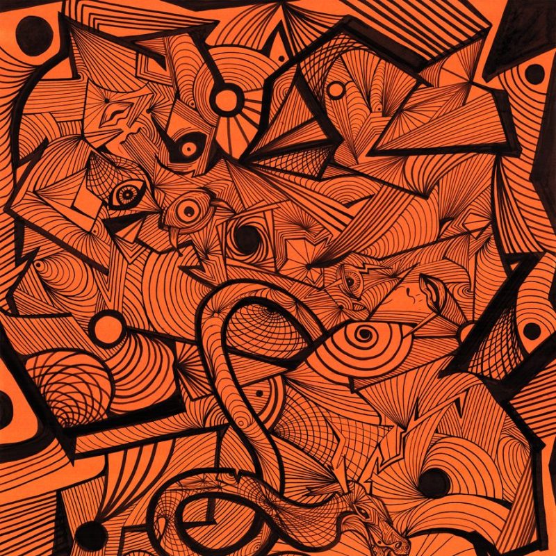 Abstract lines composition. Black ink on orange coloured paper