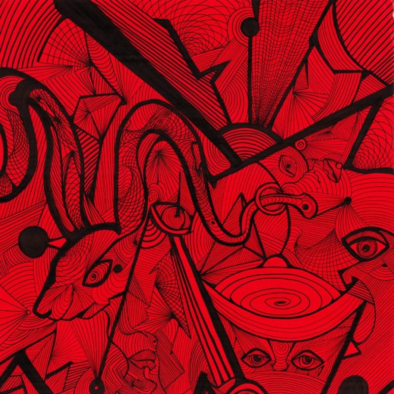 Abstract lines composition. Black ink on red coloured paper