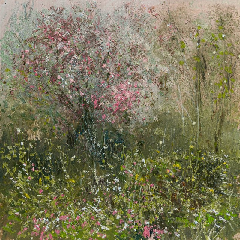 Contemporary painting of trees and flowers