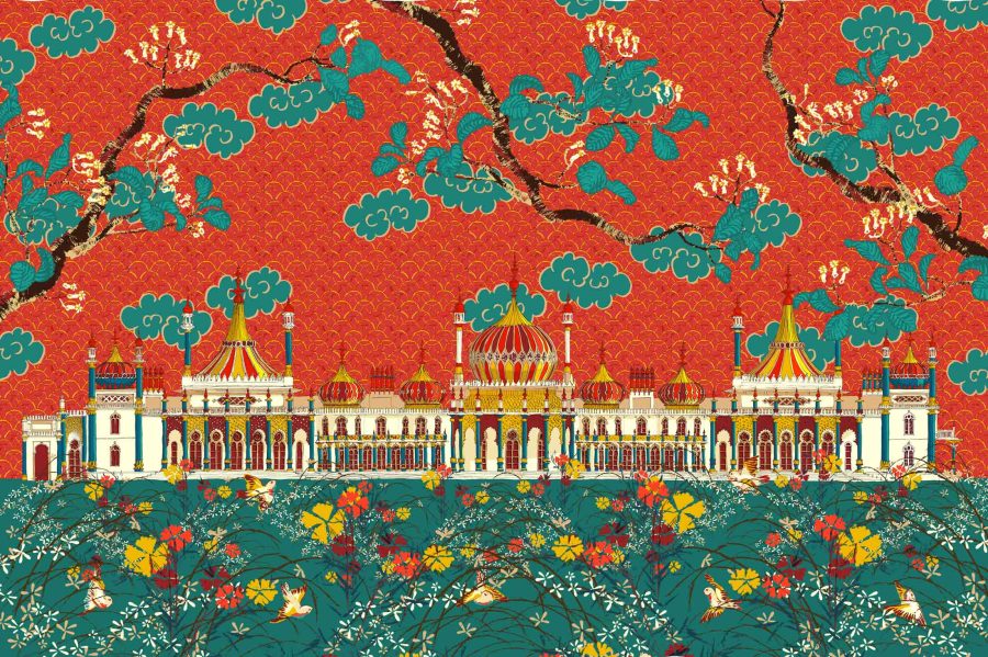 Print description  Architectural elevation of Brighton Royal Pavilion surrounded by gardens planted with jasmine and sweet William. Among this bushes birds fly and mingle. The sky echoes Japanese geometric patterns , clouds and spring trees in bloom.  Print details  Digital pigment print from original ink drawings. Printed on fine art paper using archival inks. Available in sizes A0,A1, A2, A3 or A4 as limited editions of 100. Each print is individually signed and numbered.  Homage to Hokusai  This print is a homage to one of my favourite artists, Hokusai, for two reasons. The first reason is the choice of motifs that I have created which echoes some really beautiful natural patterns by Hokusai: the clouds, the branches in bloom, the bushes in flower, the birds and the geometrical background. The second is the method I have followed to create this design. Hokusai was a master and revolutionary printmaker. With this in mind and aid by modern technologies I have somehow recreated a printmaking approach to this print. My method consisted in drawing different sheets of original ink drawings that later on will form a single motif. This can be appreciated on the studio photograph of my ink drawings. For example I created the branches with four drawings: the block colour, the bark pattern, the flowers and the leaves. I love to express patterns of nature in art, it is a natural repetition with variation, it is a code of nature that is embedded in the DNA of every living being.  Detail of print.  Photograph of print base drawings. I make these formats with calligraphic brushes, fine-line markers, and other tools; in watercolour, ink and charcoal and on separate sheets of A3 size marker paper. These are scanned and form the main line work and patterns in the final print.