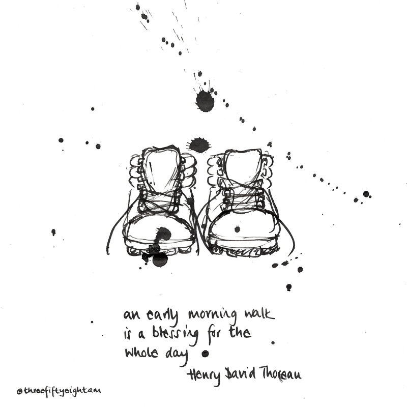 A black and white pen and ink drawing of a pair of walking boots