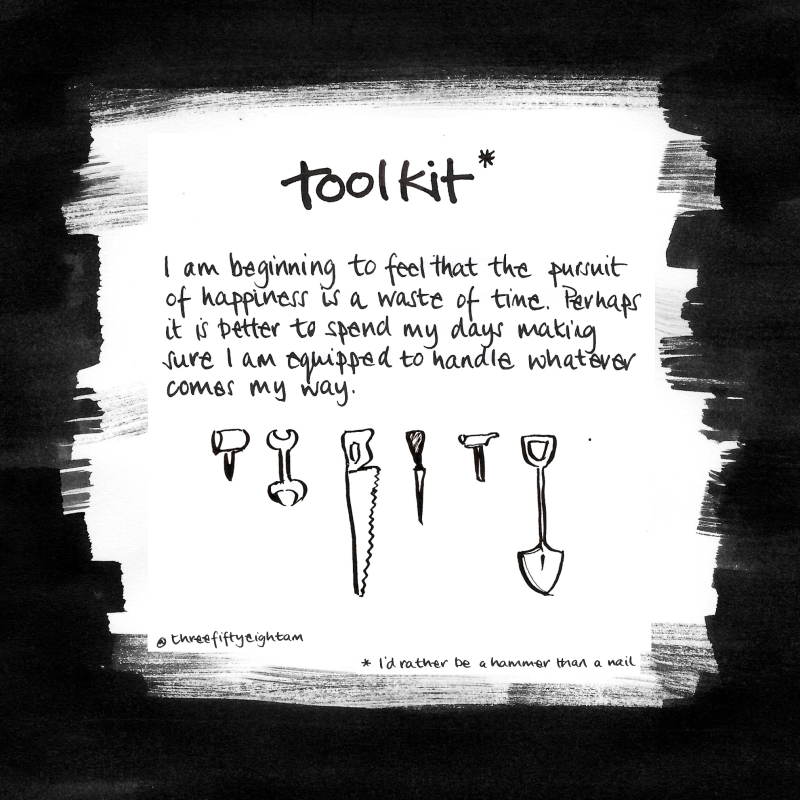 A black and white pen and ink drawing of a set of tools, with a caption