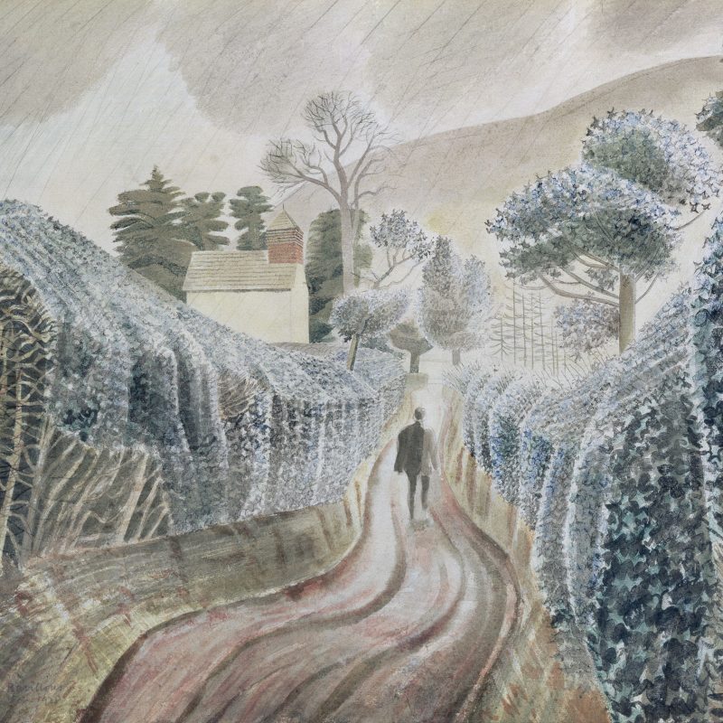 A watercolor painting by Eric Ravilious titled 'Wet Afternoon.' The artwork depicts a rainy, overcast day with muted colors and a soft, atmospheric quality. The scene features a rural landscape with fields and trees under a cloudy sky. The rain creates a reflective, almost misty effect on the ground, enhancing the tranquil and slightly melancholic mood of the afternoon.