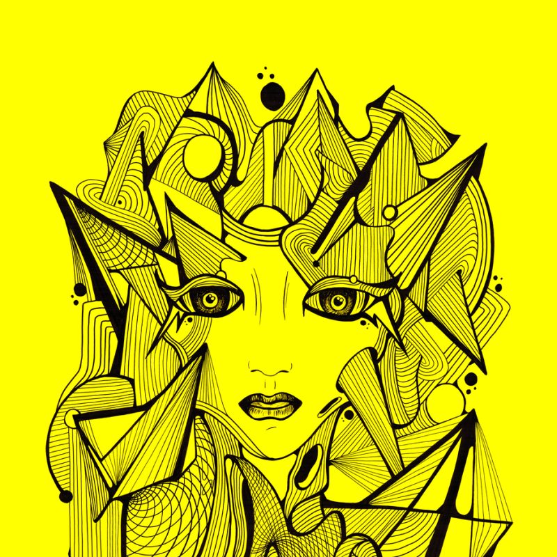 Head of a girl in black ink on yellow background