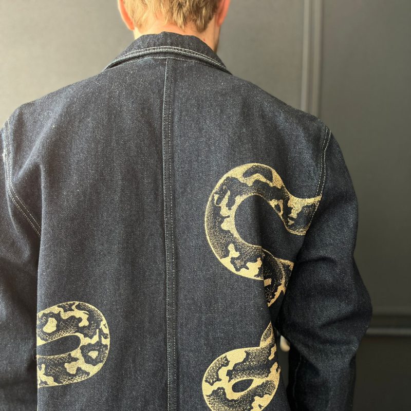 Screen-printed, upcycled denim jacket by Rosanna Bishop