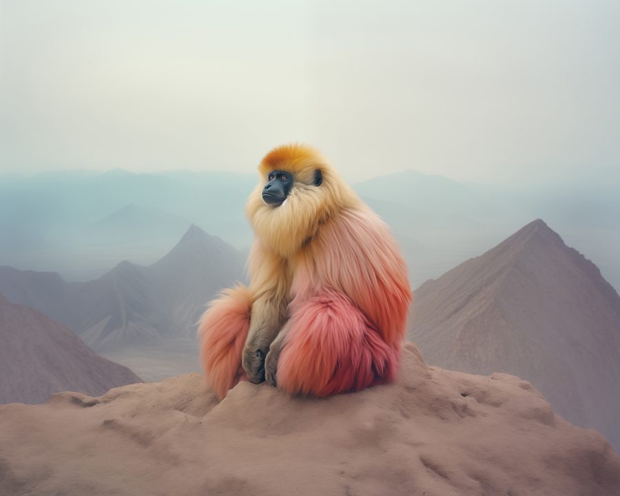 A fictional colourful gibbon like primate sits contemplatively in a mountain scene