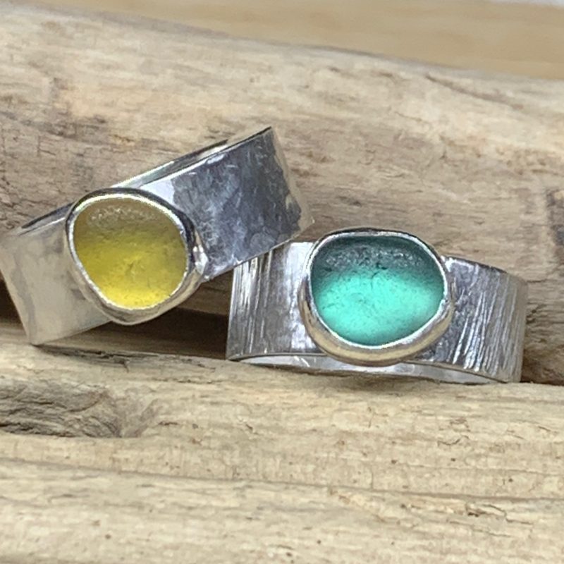 2 thick rings made from sea glass and sterling sliver