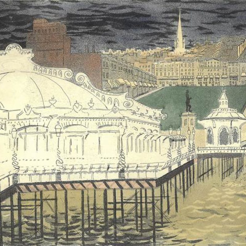 A striking painting by John Piper showcasing Regency Square as seen from the West Pier. The artwork features a bold, abstract interpretation of the square with its elegant Regency architecture and the iconic seafront. The painting includes vibrant colors and dynamic forms, with a prominent depiction of the sea and sky, creating a dramatic and atmospheric view of the seaside scene.