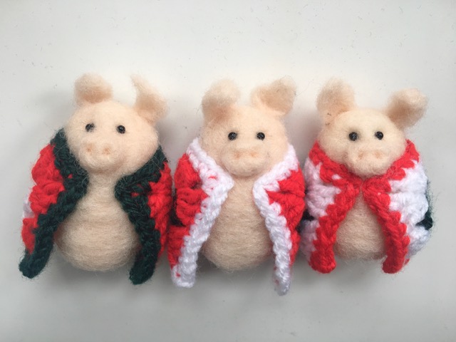 3 Pig in Blankets recreated in needle felt