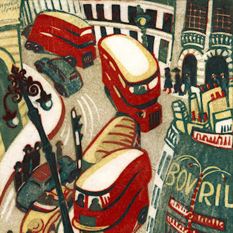 A vibrant and graphic linocut by Lill Tschudi titled 'London Buses.' The artwork features a stylized depiction of iconic London buses in bold, contrasting colors and geometric shapes. The buses are arranged in a dynamic composition, highlighting their distinctive forms and the bustling energy of London streets. The background is simplified to accentuate the buses and enhance the overall graphic impact.