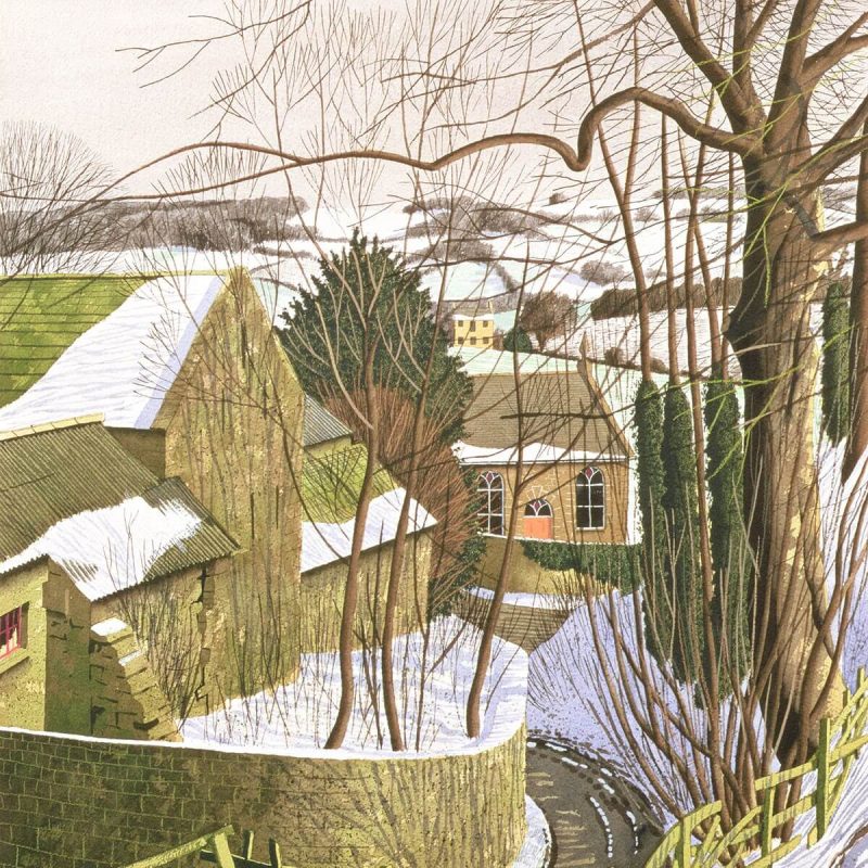 A detailed painting by Simon Palmer of a Wesleyan chapel. The artwork depicts the chapel's distinctive architecture, with its classic stone facade, tall windows, and traditional features. Surrounding the building are elements of the natural landscape, including trees and greenery, which frame the chapel and add to the sense of tranquility and historical charm.