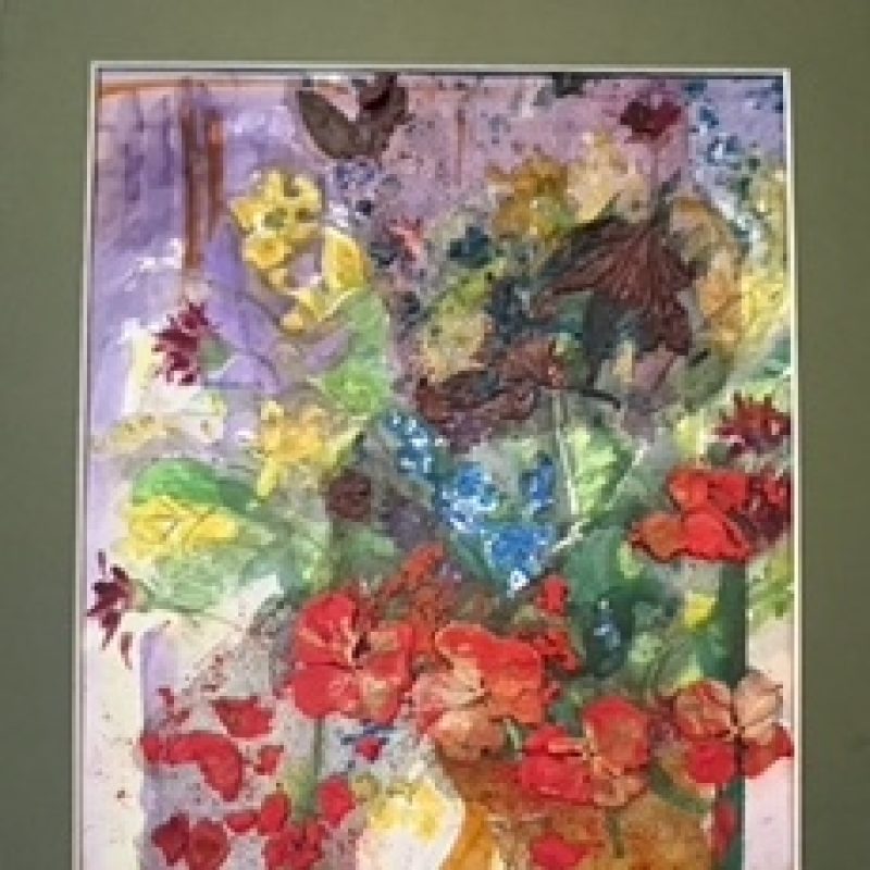 A mixed media colourful art work depicting an orange jug and flowers