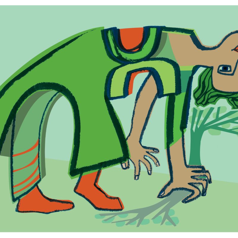 A woman bending over backwards planting a tree. Green.