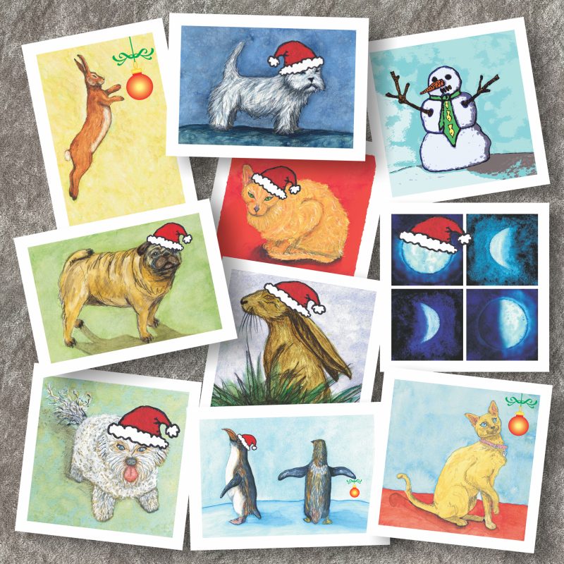 Colourful Christmas cards of animals created by Troy from her original art