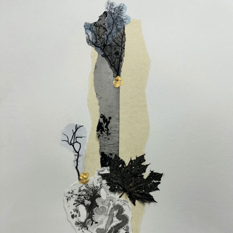 A collage of leaves and textured printed paper in black, grey and beige, with gold leaf