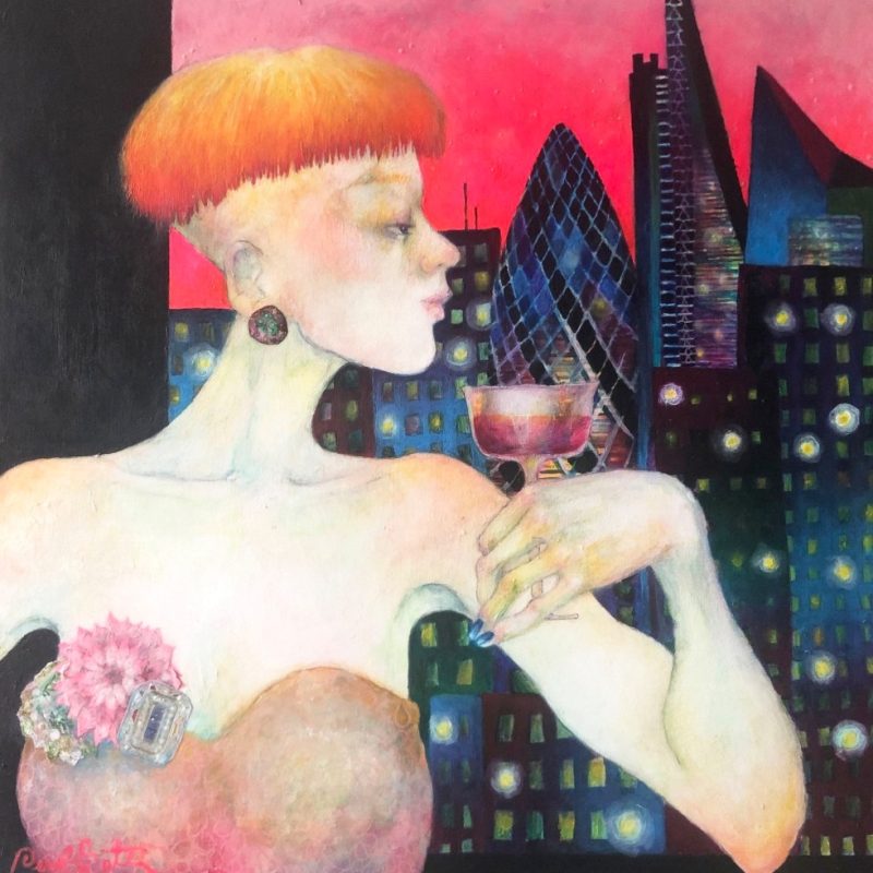 A young cosmopolitan woman, holding a pink cocktail, looks out over a vibrant urban skyline at sunset