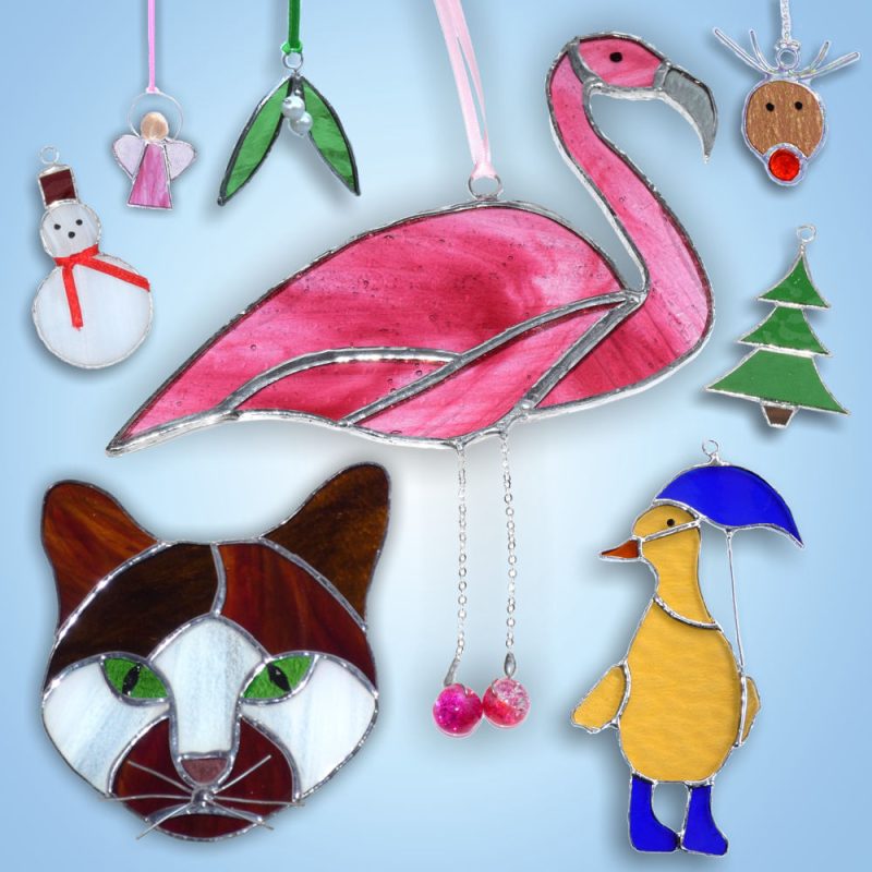 Handmade stained glass hangings and Christmas decorations