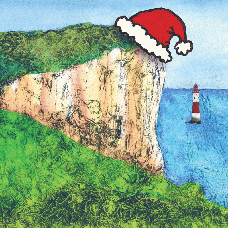 Funny Christmas card of Troy's Original Collagraph of Beachy Head wearing a Santa Hat