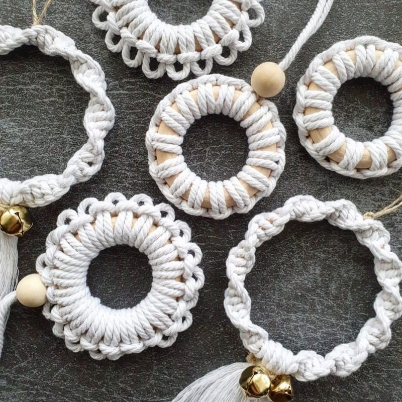 White cotton 3mm macrame cord Christmas decorations with bead details