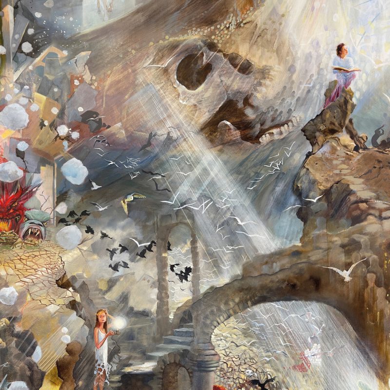 In this detail of the Revelation triptych a young girl with a lamp is about to go up stone stairs onto a rocky path that leads to a woman sitting on a rock with an open book in her hand, looking up into the light. Behind the girl with the lamp an earthquake is happening and large hailstones are falling down. Black and white birds are flying around her and towards an angel standing in the sunlight. In the background is a skull with an open mouth with what look like figures flying out of it. 