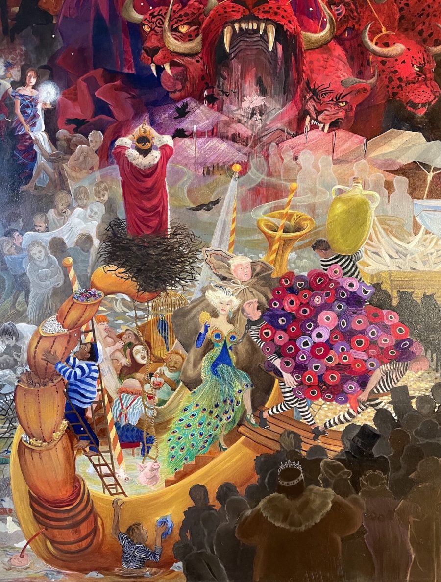 A busy picture of a ship full of people having fun, eating and drinking and making music. They are sitting half in the water, the boat is leaking and not at all sea worthy.  A beautiful lady in a peacock’s dress is stepping out of the boat. Behind her is a man dressed up to his neck in an old-fashioned money bag. The boat is in the shape of Aladdin's lamp with the handle of the lamp in the shape of a scorpion's tail, curling up, with the sting supporting a crow's nest. In the crow’s nest stands a king, who is looking through binoculars that he is holding the wrong way round. Two men in black and white striped prison clothes are carrying a heavy load of rolls of purple and scarlet silk into a market place. The scorpion’s tail is made up of containers holding pearls, precious stones, wine, and spices. A clumsy sailor is trying to pick up the container of pearls and some of the pearls fall down before some pigs that are swimming in the water of the leaky boat. On the side of the boat, half in the water, is a man who is rubbing the golden boat, in wishful thinking. A large crowd is standing on the quay. The goods that are carried off the ship follow their way through the market into the wide open mouth of one of the seven heads of a red leopard, that looks like a gate leading into Babylon.