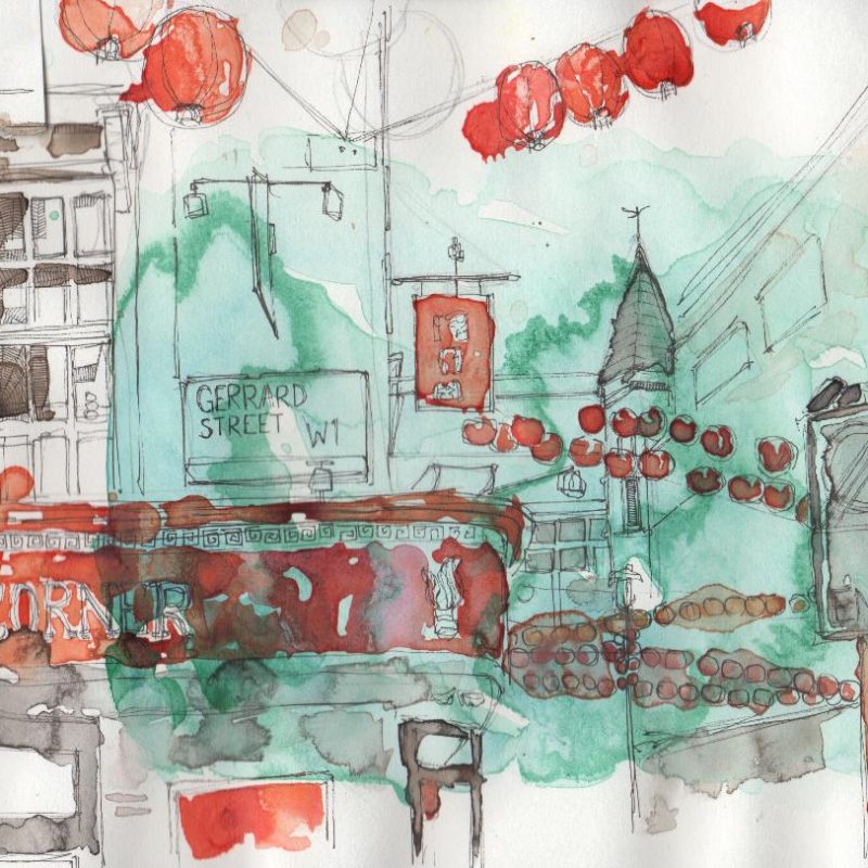 A watercolor and ink sketch of Chinatown in London, focusing on Gerrard Street. There are red lanterns strung across the street, a mix of traditional and modern architecture, and a street sign marking the location.