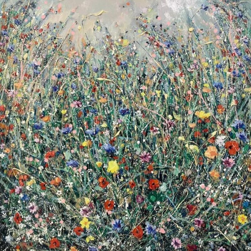 Contemporary interpretation of a wild flower meadow. Canvas almost entirely covered with wild flowers and grasses stretching upwards, the sky only partially seen at the very top. An abundance of colour. Paint applied in a variety of ways from drips and splashes to larger dollops of paint. Some flowers are carefully depicted and recognisable while others are suggested at in an impressionistic style.