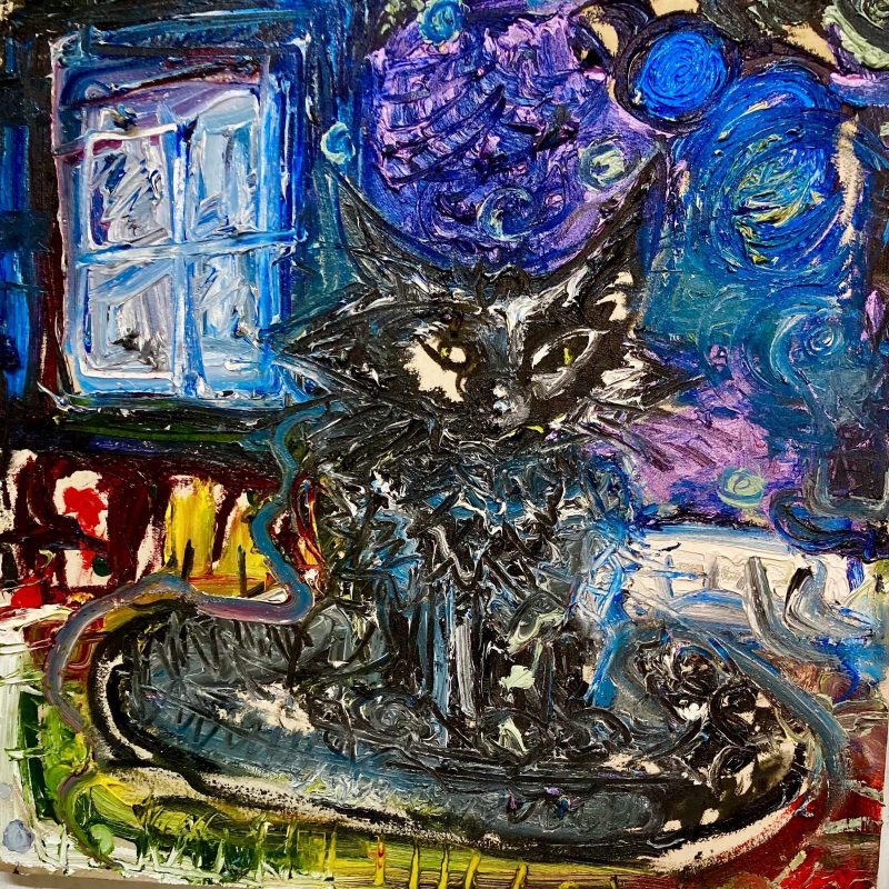 Bright colours and thick paint the image shows an abstract cat