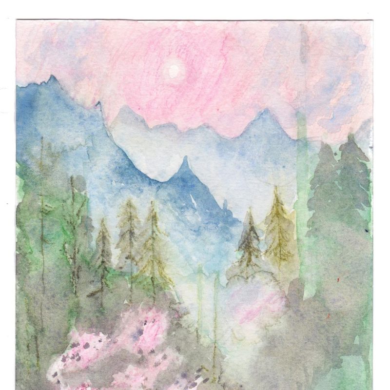 A watercolor painting of a misty mountain landscape with evergreen trees and pink blossoms in the foreground. In the background there are mountains fading into the distance under a pink sky with a faint moon.