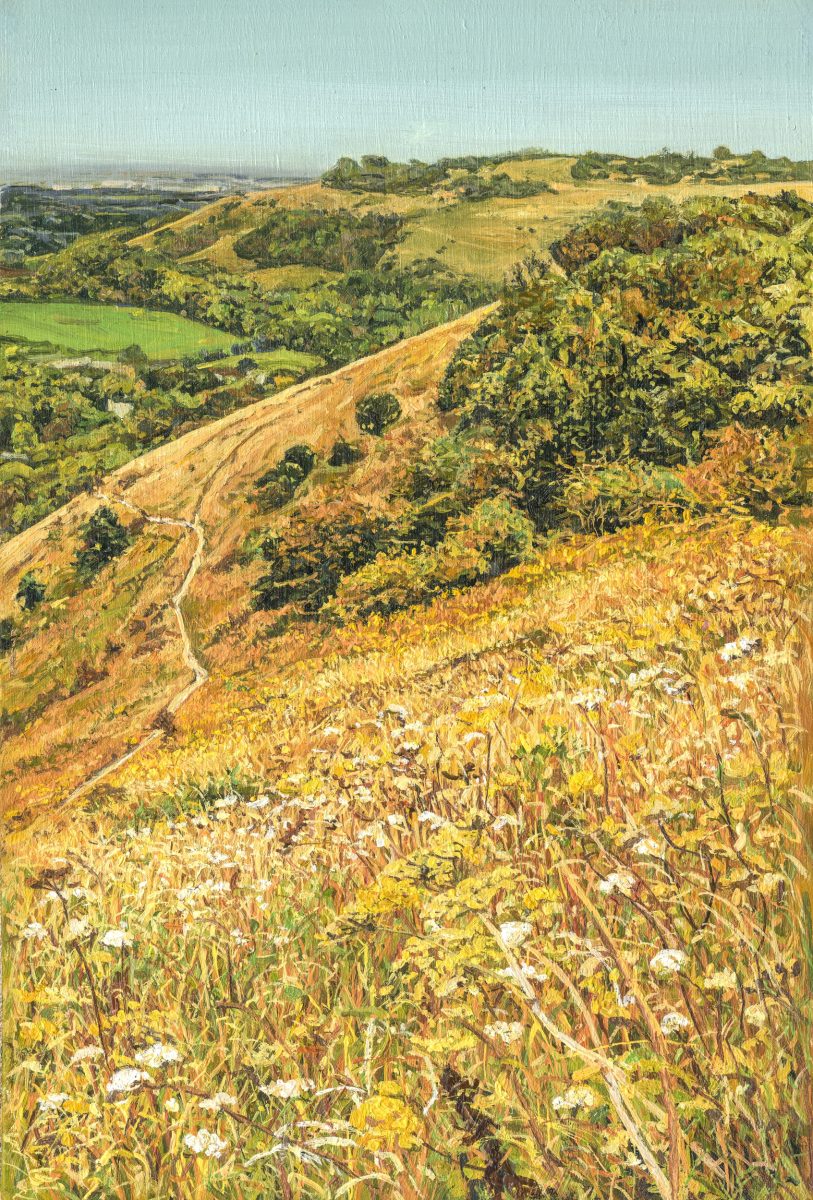 This painting was captured at the height of summer, the grass and cow parsley, is golden and crispy. 