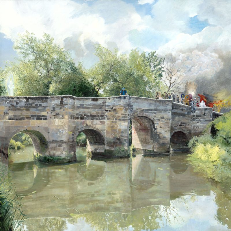 A beautiful old bridge in the sunshine. Blue damselflies dance over the water. A strange group is crossing the bridge, with an ivory tower, a red horse and lots of people on their phones