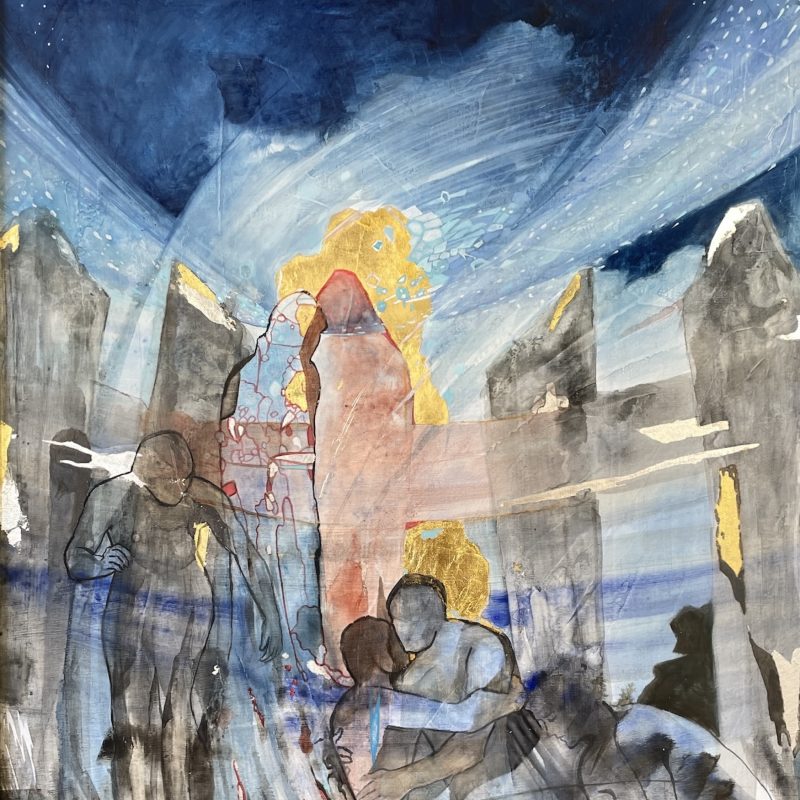 a semi-abstract picture in browns and blues of people helping people with a wooden fence turning into pink and gold. This painting was made to celebrate the 40th anniversary of the charity for the homeless Off The Fence