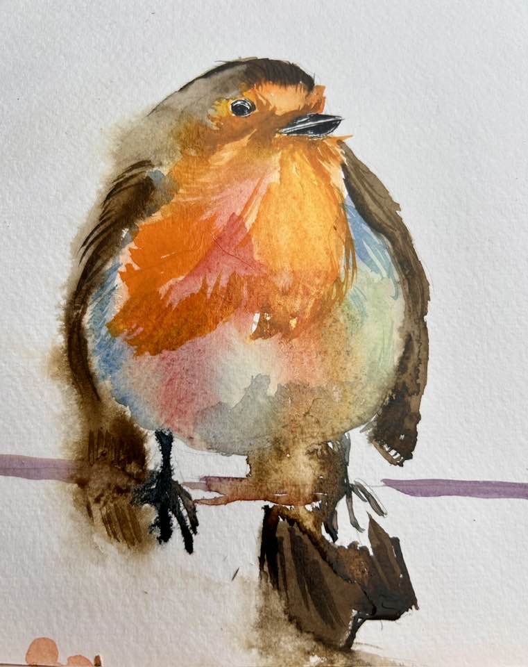 Water colour image of a male robin sitiing on a branch. Colours include oranges, reds, brown with touches of blue and green.≥÷